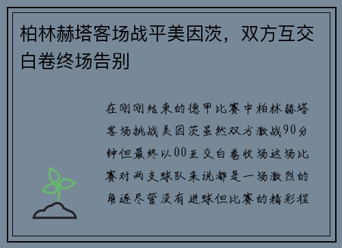 柏林赫塔客场战平美因茨，双方互交白卷终场告别