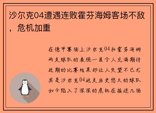 沙尔克04遭遇连败霍芬海姆客场不敌，危机加重